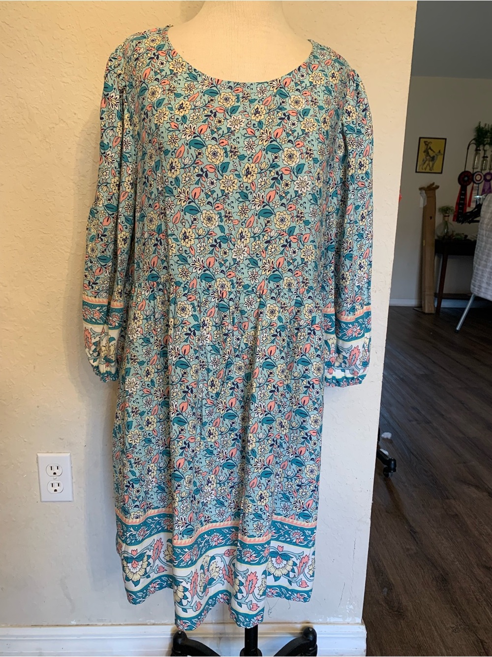 Bebop Floral Teal and Pink Long Sleeve Women's Dress